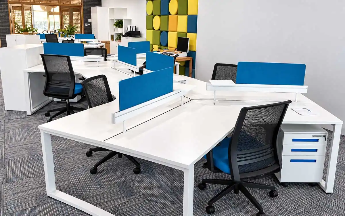 complete office workstation product package with desks screens and storage