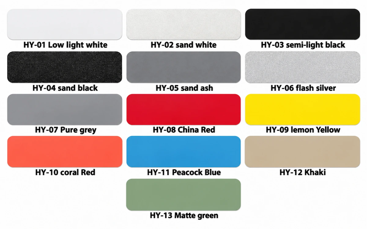 thirteen standard powder coating color options for desk frames and table bases