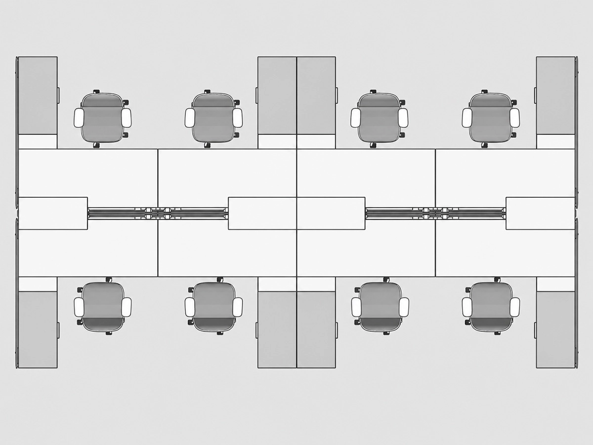 office workstation layout drawing showing desk arrangements and seating positions