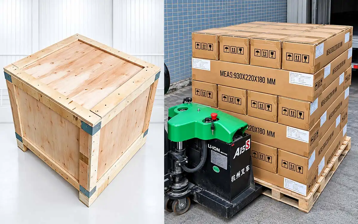 desk frame project packaging showing wooden crates and packed cartons