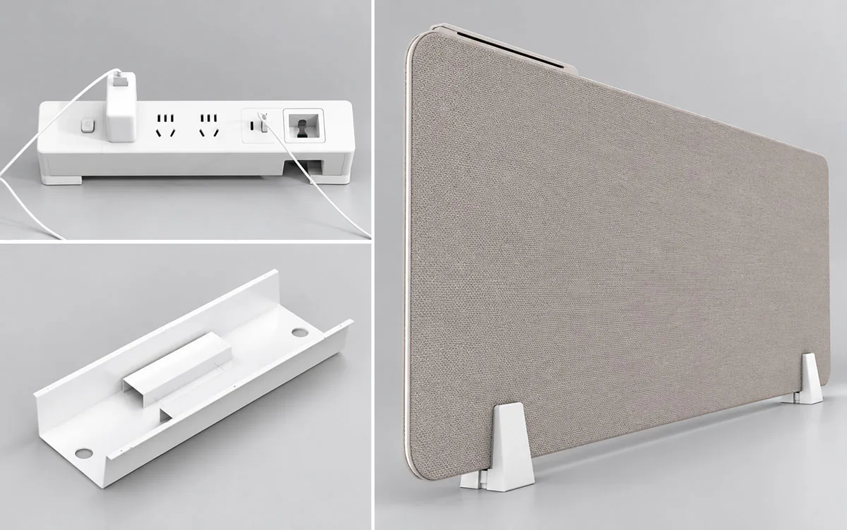 desk frame accessories including cable management and desk screen components