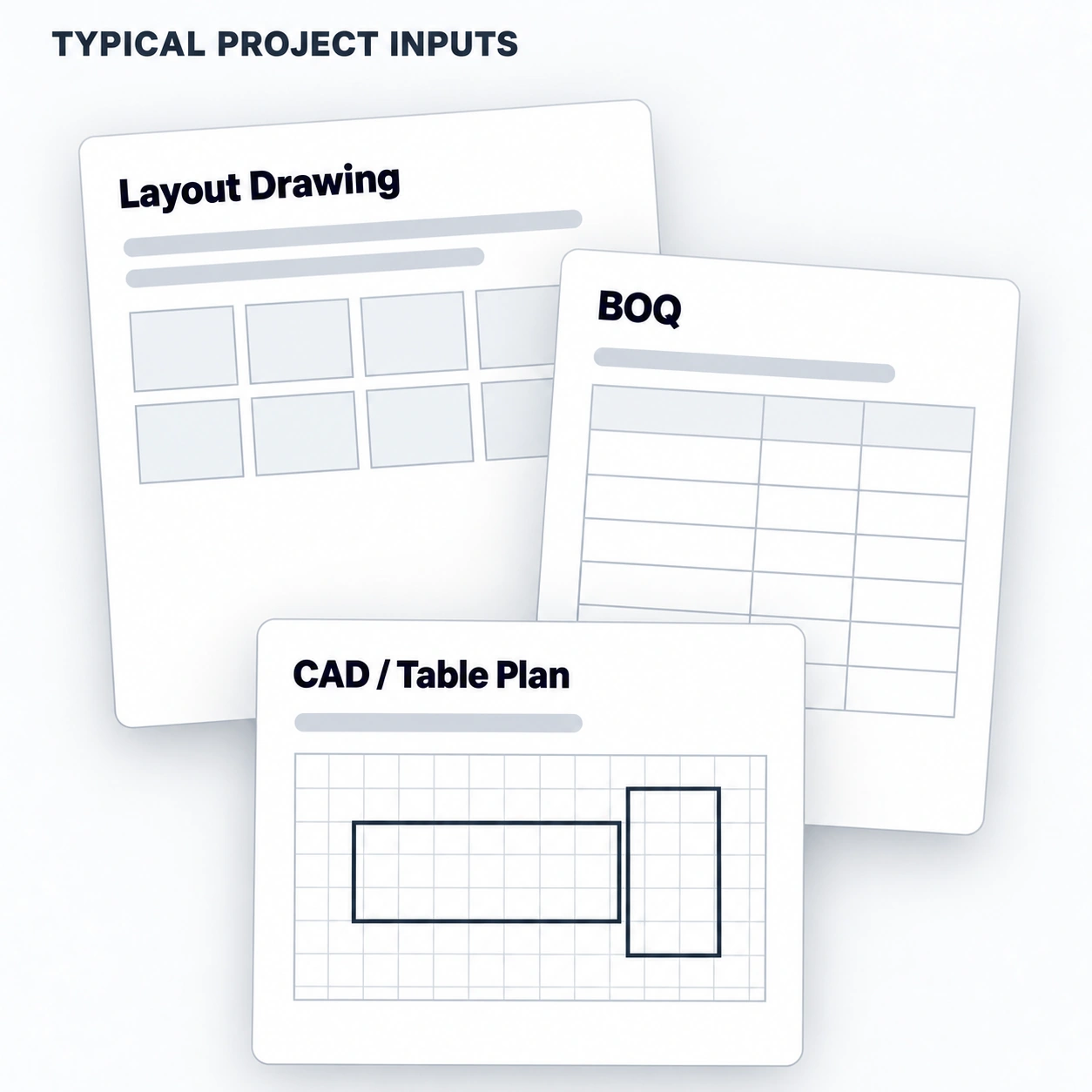 typical project inputs including layout drawing BOQ and CAD table plan