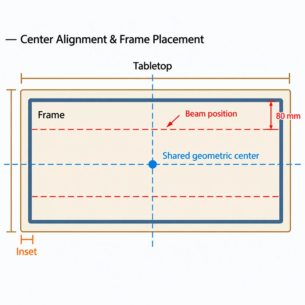tabletop and frame center alignment with frame placement and overhang dimensions