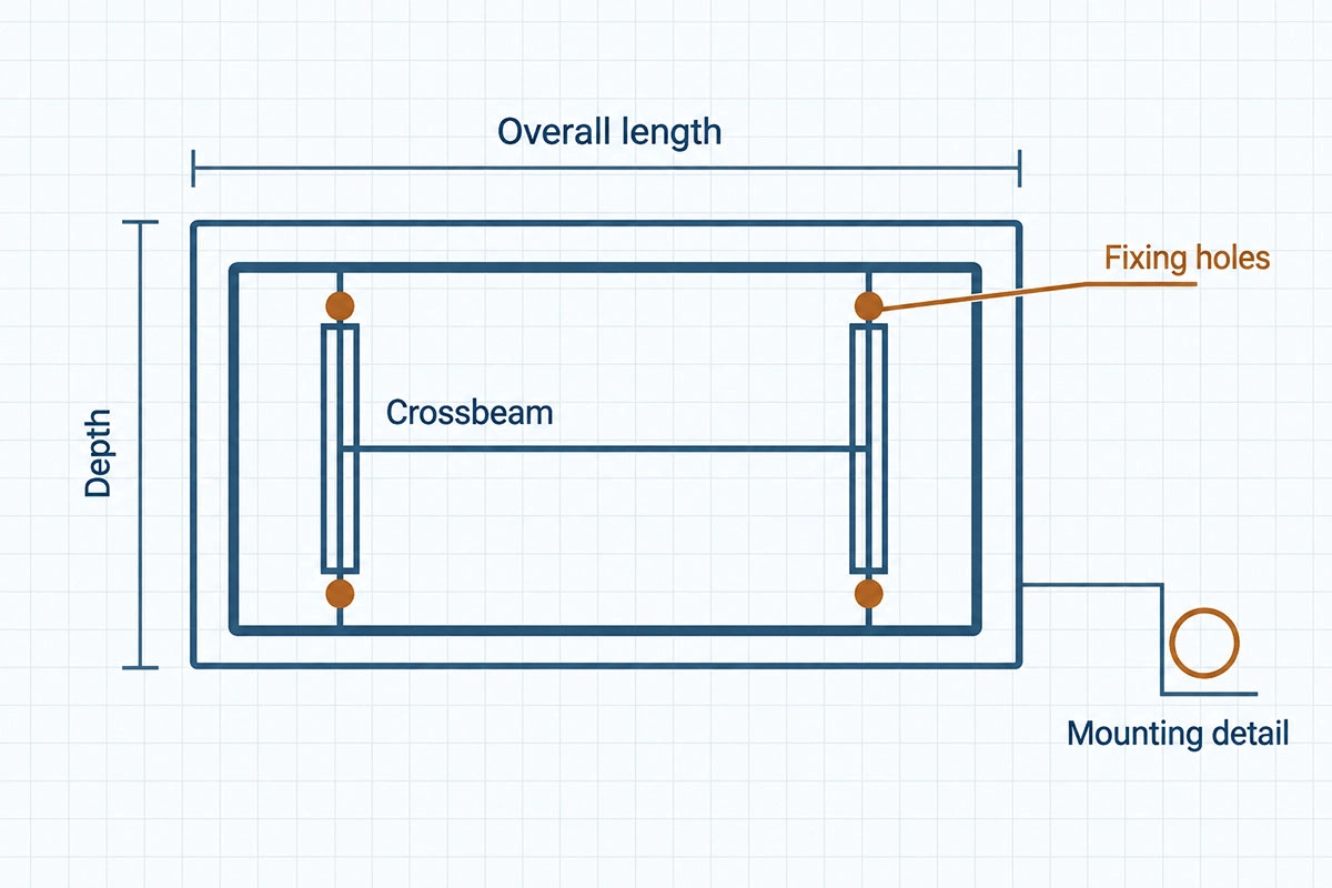 CAD and mounting drawings showing tabletop dimensions and fixing positions