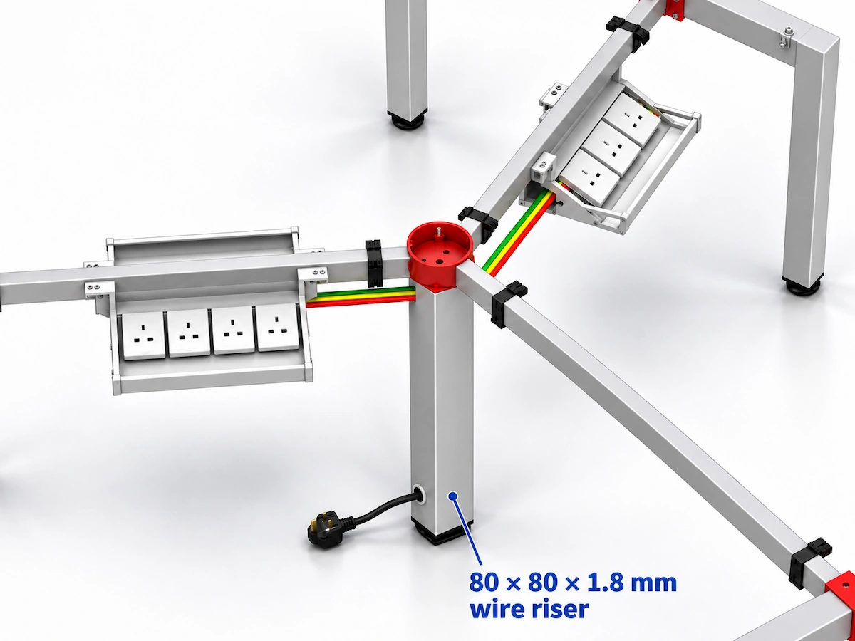 wire riser integrated with workstation frame and power cable routing