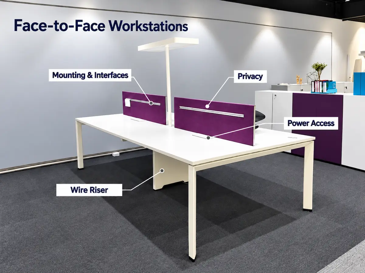 face to face workstation showing privacy screens power access wire riser and mounting interfaces