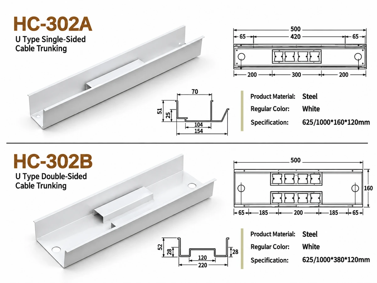 HC-302A and HC-302B steel cable trunking models with dimensions and specifications