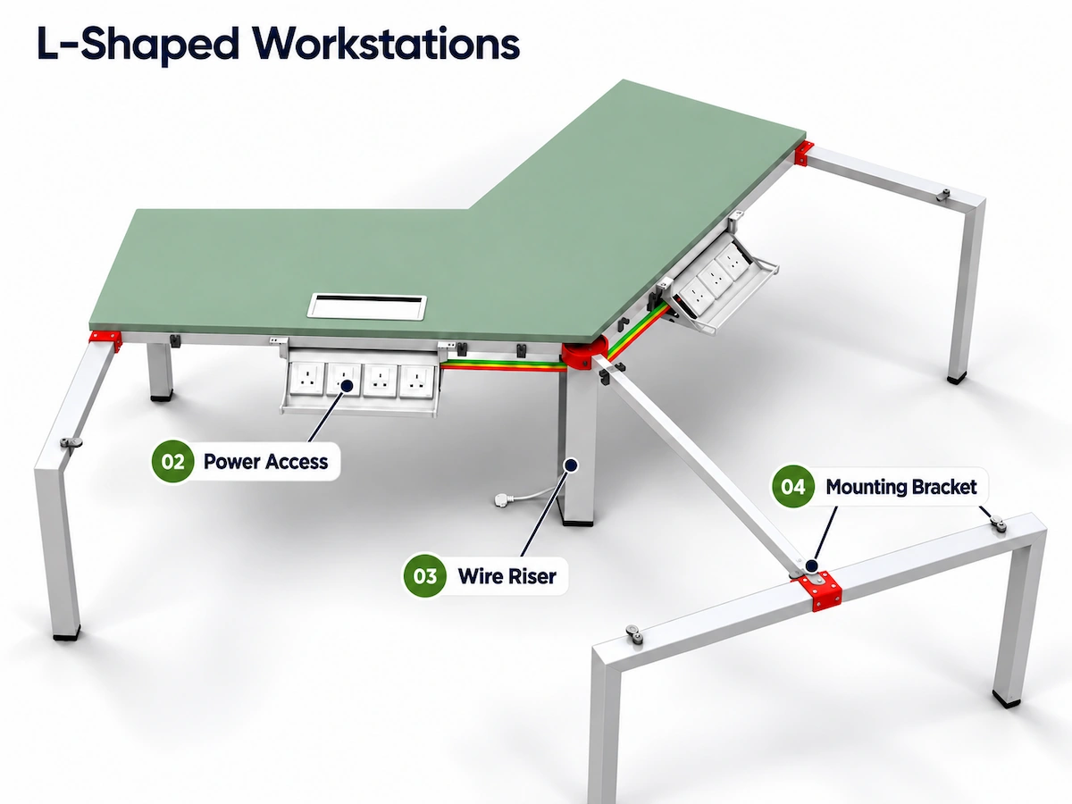 l shaped workstation showing power access wire riser and mounting bracket