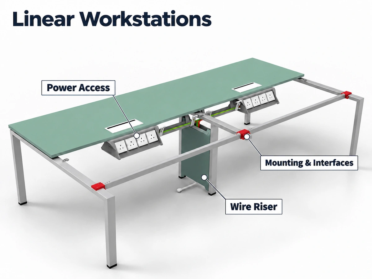 linear workstation showing power access wire riser and mounting interfaces