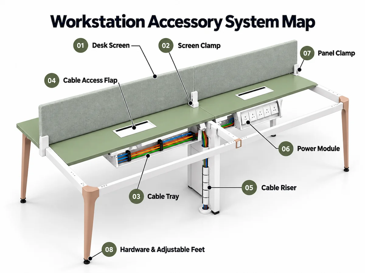 workstation accessory system map showing desk screen screen clamp cable tray cable access flap cable riser power module panel clamp and adjustable feet