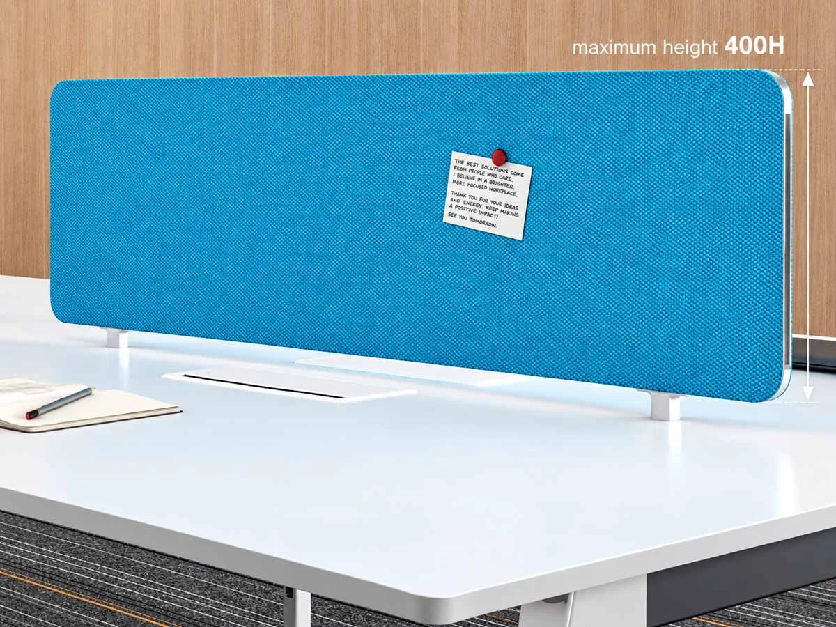 Desk privacy screen mounted between opposing face-to-face workstations