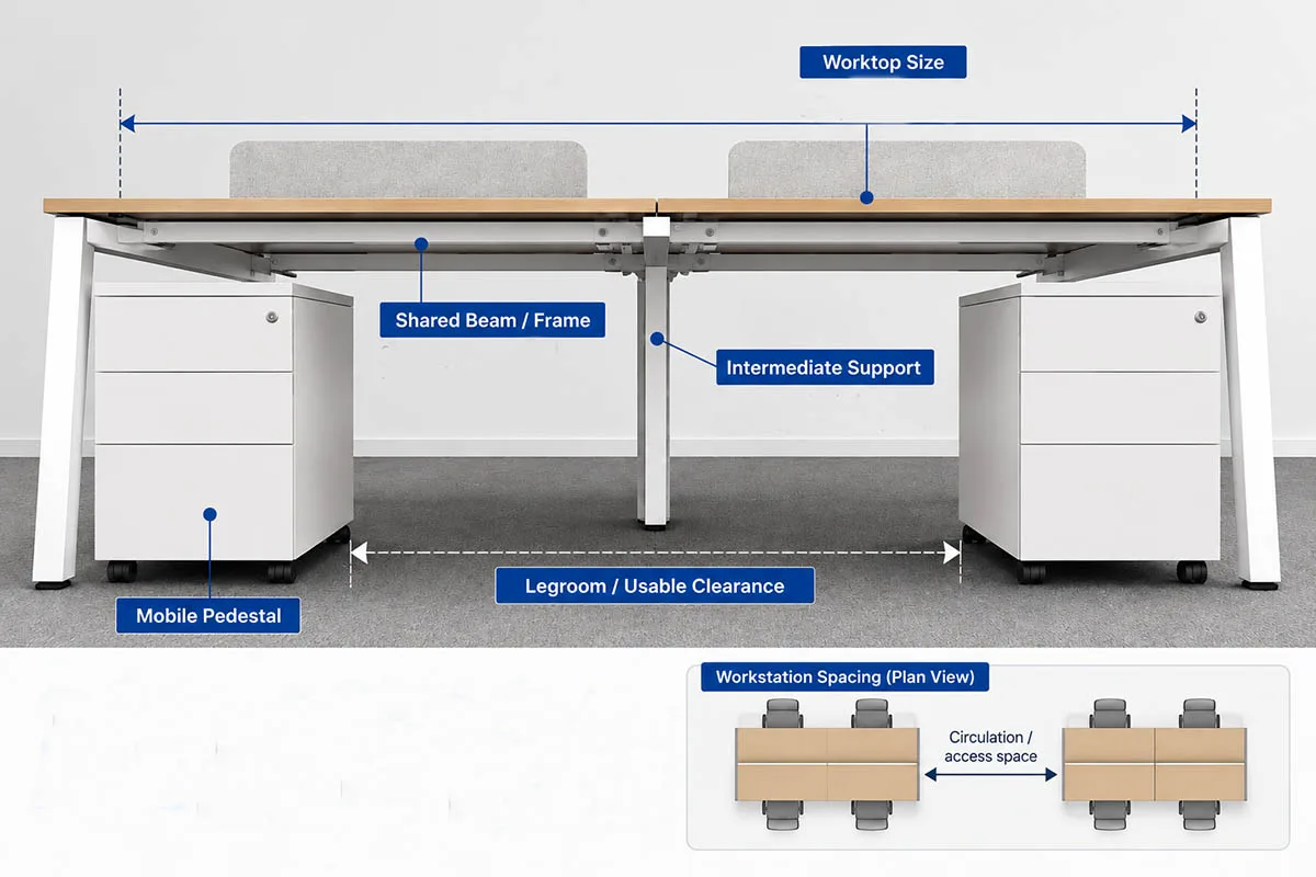 Face-to-face workstation frame showing worktop, shared beam, intermediate support, mobile pedestal and usable legroom