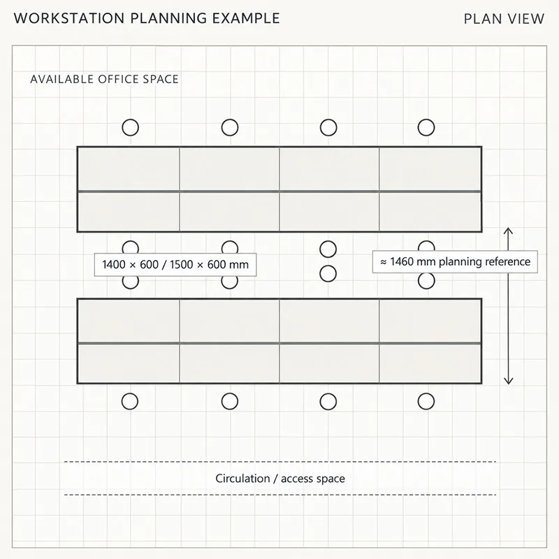 Face-to-face workstation layout plan showing worktop sizes, planning spacing and circulation space