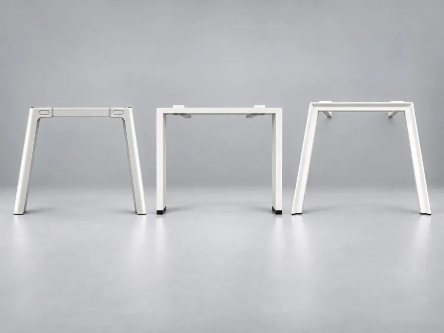 Representative steel desk frame leg designs including D360, D557 and UNO