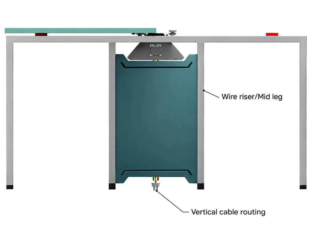 Workstation wire riser and middle-leg route for vertical power and data cabling