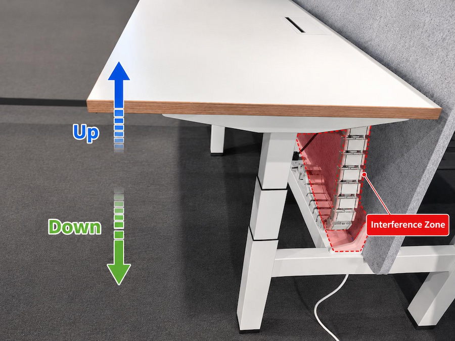 height adjustable workstation clearance check showing an accessory interference zone during desk movement