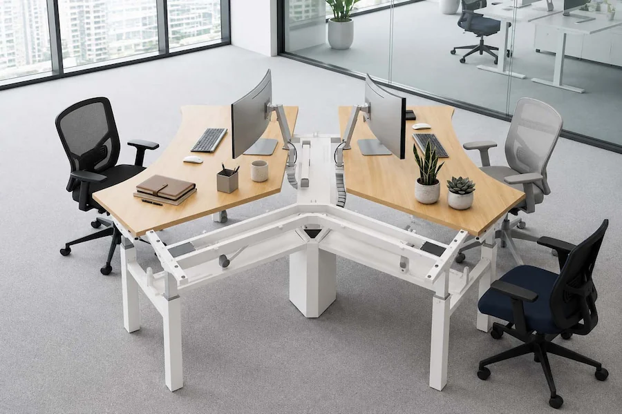 height adjustable workstation layout with l shaped desks for multi user office workspace