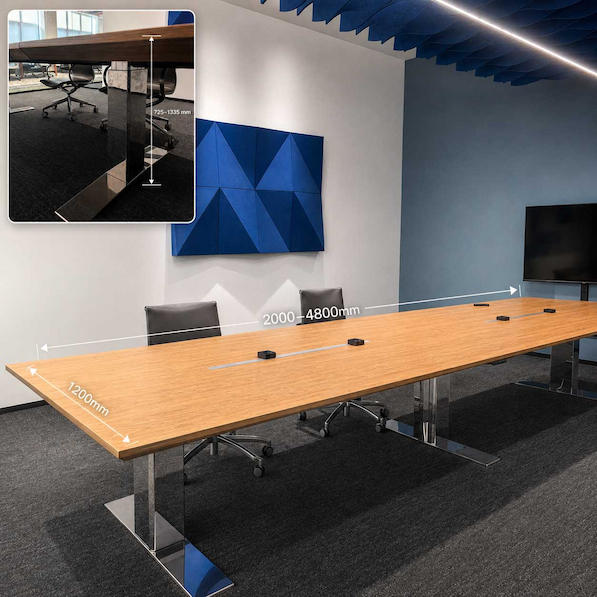 cape conference table showing 2000 to 4800 mm length 1200 mm width and 725 to 1355 mm lifting height range