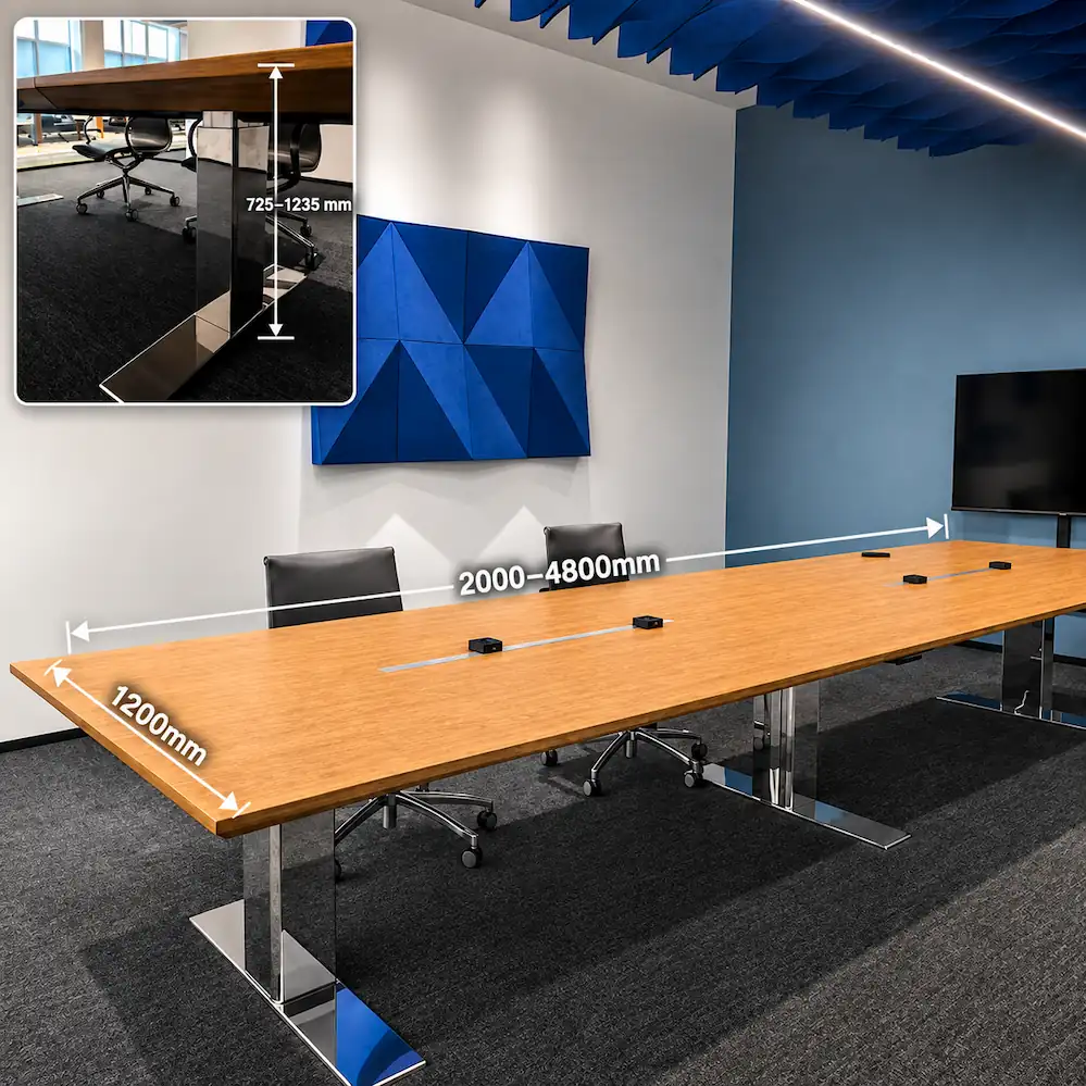 cape conference table showing 2000 to 4800 mm length 1200 mm width and 725 to 1355 mm lifting height range