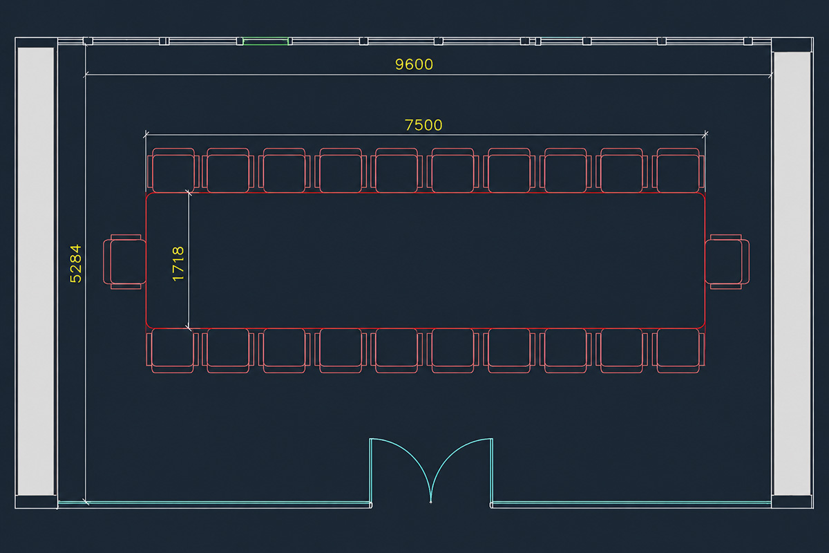 Conference room layout drawing showing table position, seating arrangement, room dimensions and circulation space for project briefing.