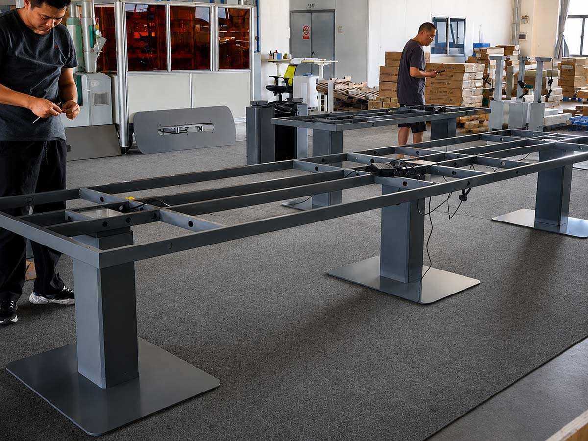 Height adjustable table frame assembly process in a manufacturing workshop