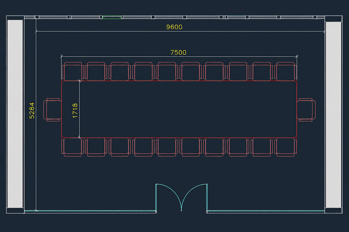 conference room layout drawing showing table position seating arrangement room dimensions and circulation space for project briefing