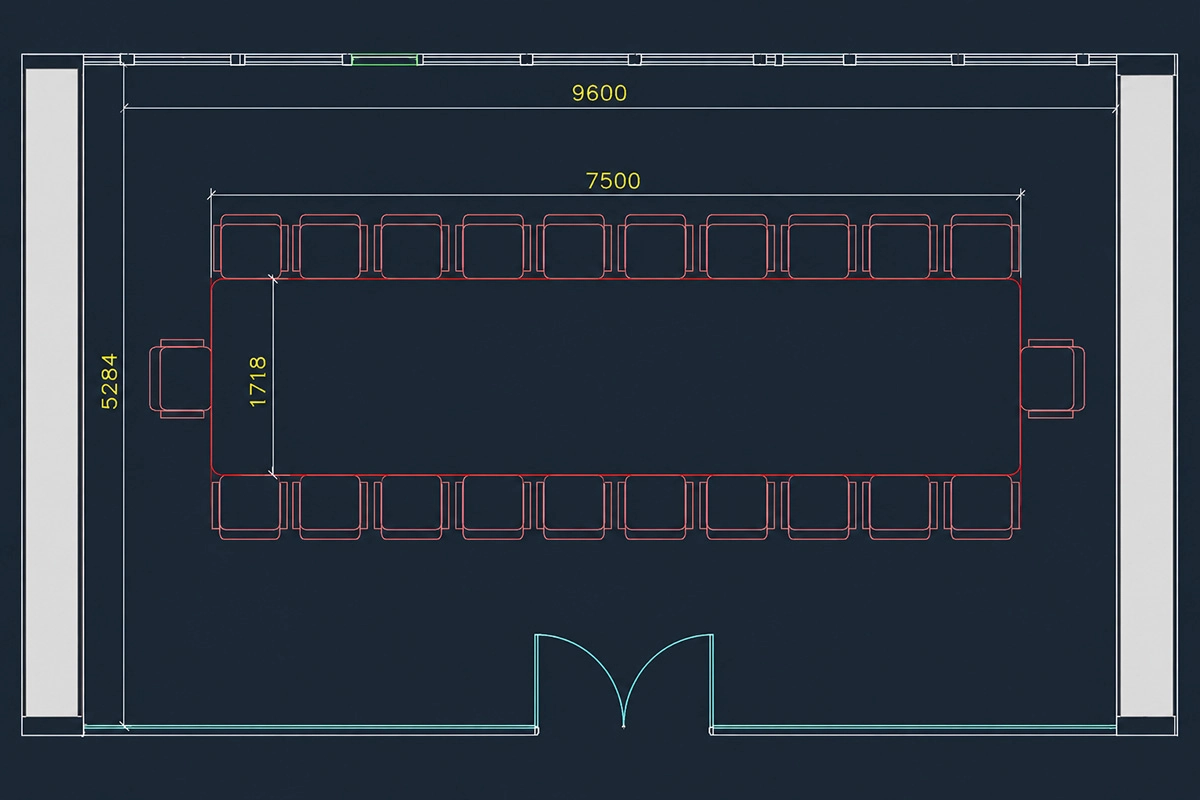 conference room layout drawing showing table position seating arrangement room dimensions and circulation space for project briefing