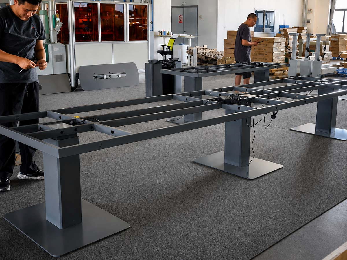conference table lifting frame under assembly showing multiple lifting supports and structure before the tabletop is installed