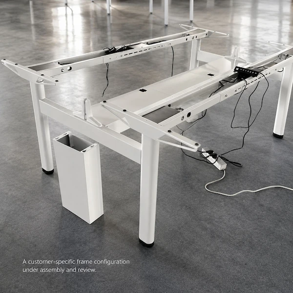 customer specific height adjustable desk frame configuration under assembly and review