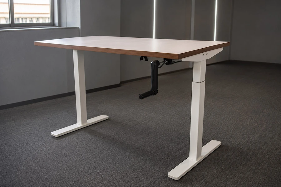 manual height adjustable desk frame with hand crank adjustment mechanism