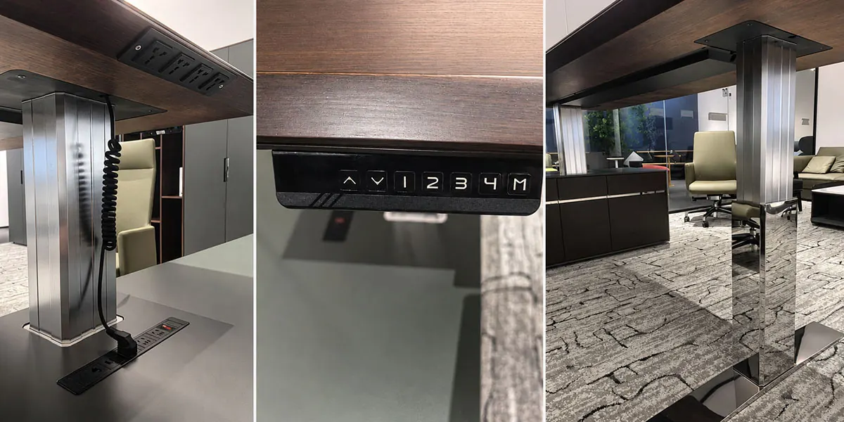 cape series height adjustable desk details showing the power and cable connection handset and lifting columns