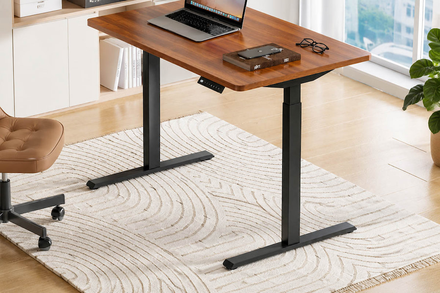 black height adjustable desk frame with wooden desktop for individual workspace