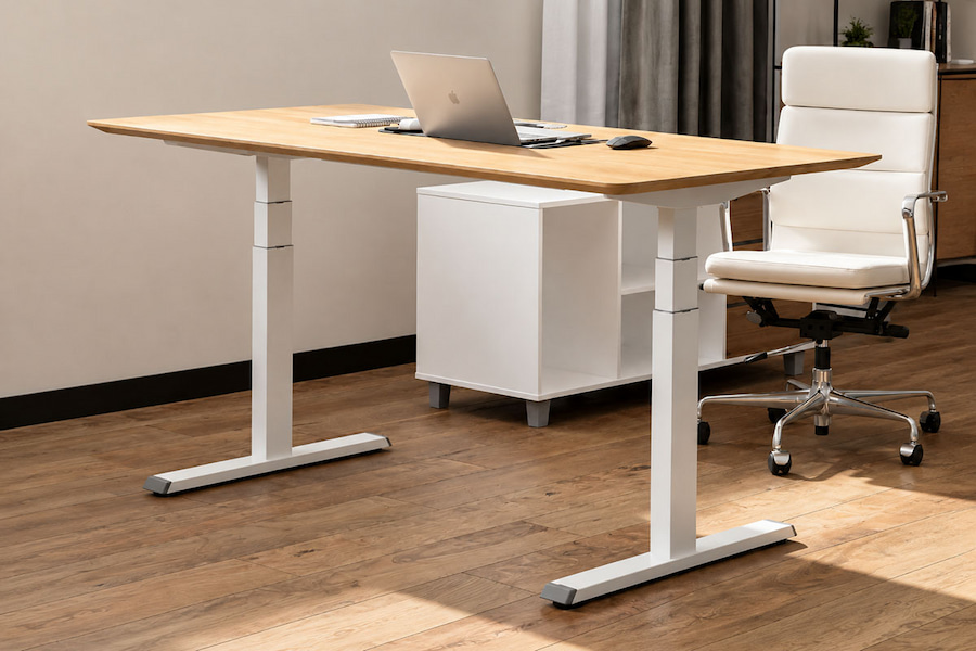 complete height adjustable desk with wooden desktop and electric lifting frame