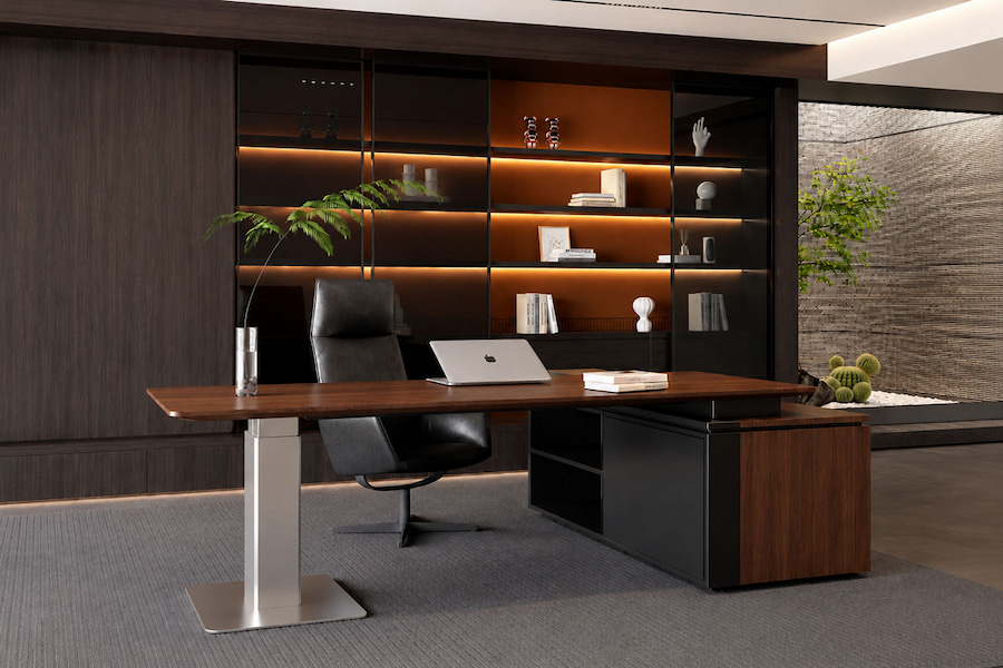 executive height adjustable desk in private office setting