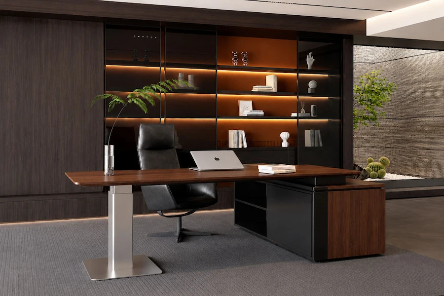 executive height adjustable desk in private office setting