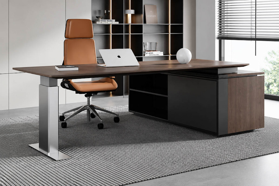 executive height adjustable desk with premium wooden desktop in private office