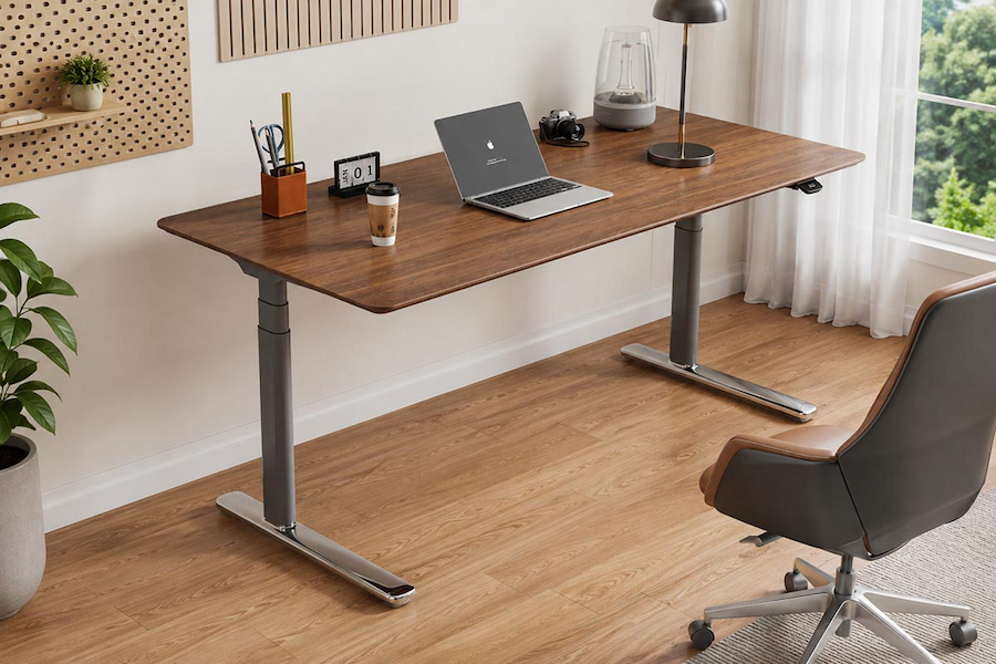 height adjustable desk with wooden desktop in home office workspace