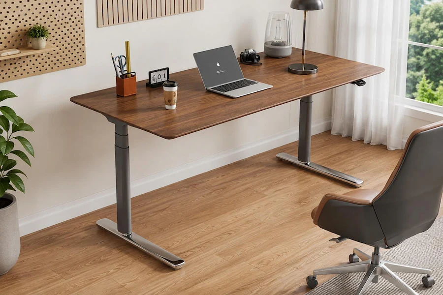 height adjustable desk with wooden desktop in home office workspace