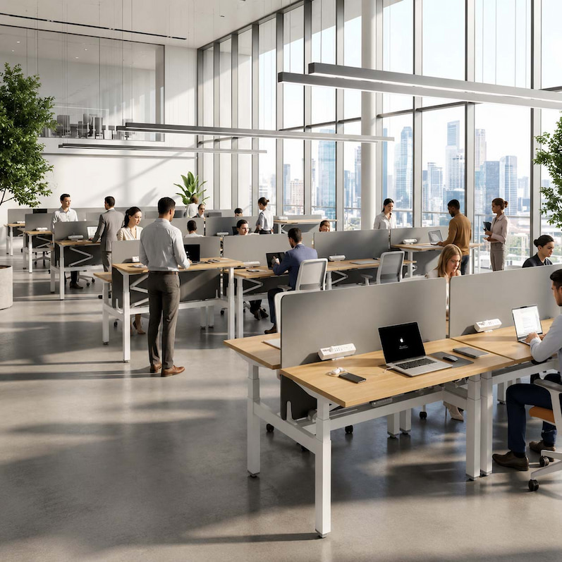 modern commercial office with height adjustable workstations and sit stand desks