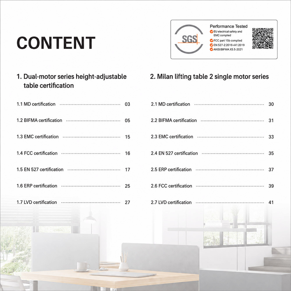 standing desk technical document and certification reference page