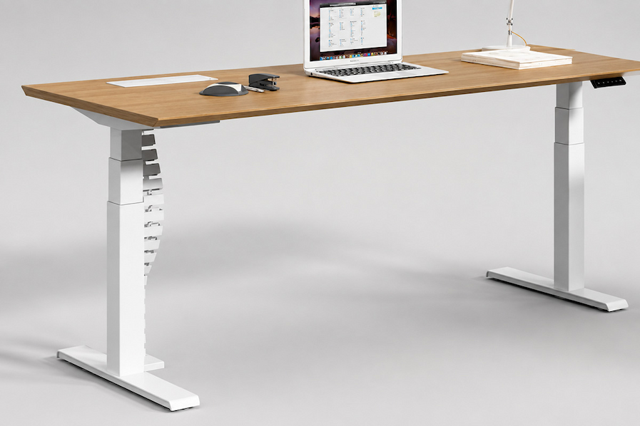 white electric standing desk with adjustable height frame and desktop
