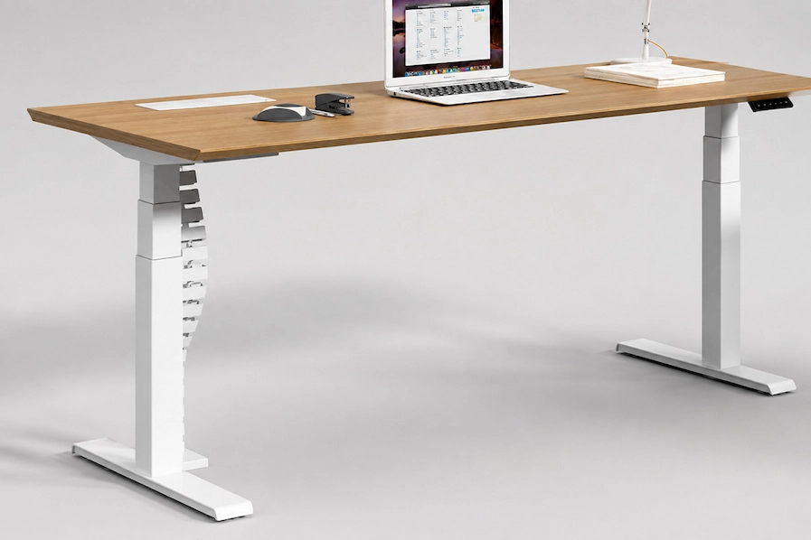 white electric standing desk with adjustable height frame and desktop
