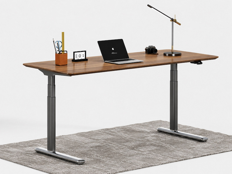 karen height adjustable desk with dark frame and wood desktop