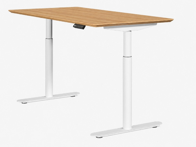 karen height adjustable desk with white frame and wood desktop