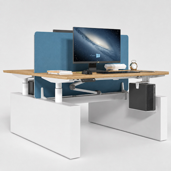 karen height adjustable two person workstation with monitor privacy screen and computer accessories