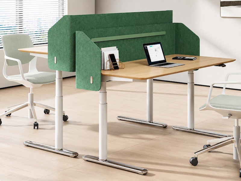 karen height adjustable two person workstation with privacy screens