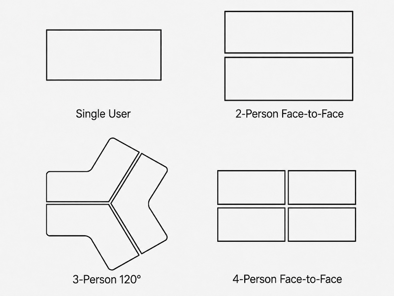 karen workstation layout options including single user face to face 120 degree three person and four person configurations