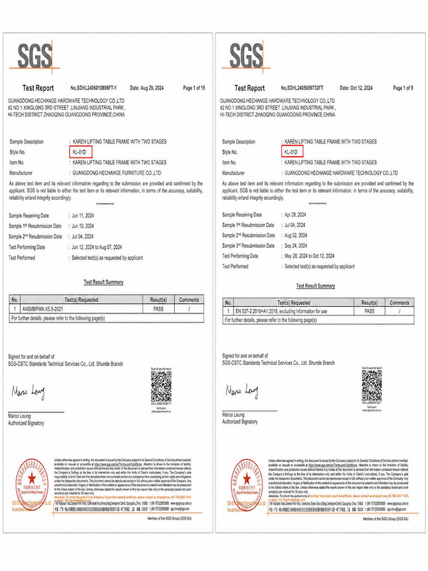 sgs test reports for karen kl 01d two stage lifting table frame covering ansi bifma x5.5 2021 and en 527 2