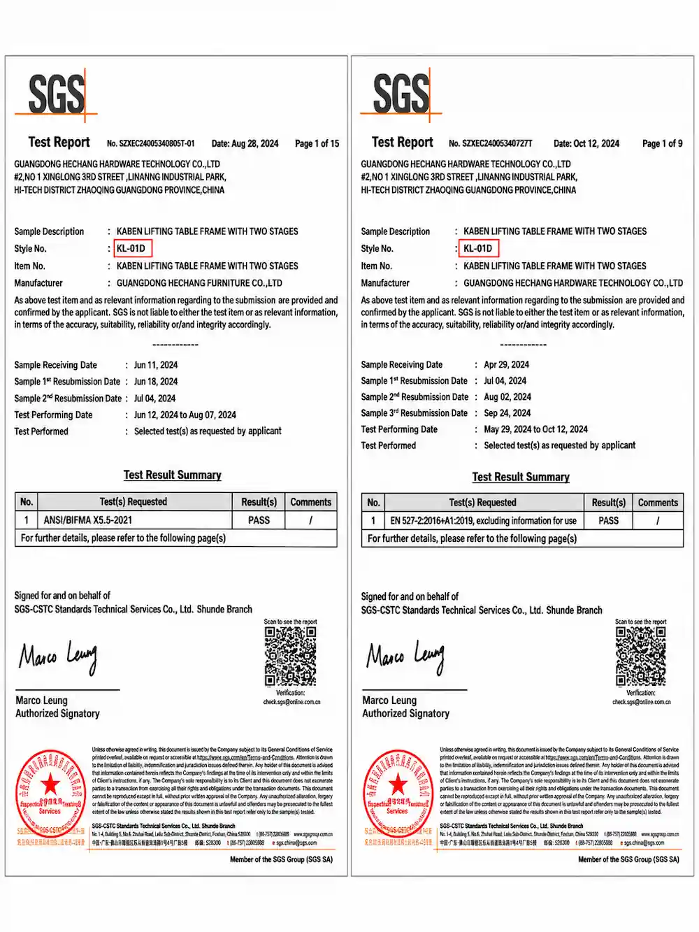 sgs test reports for karen kl 01d two stage lifting table frame covering ansi bifma x5.5 2021 and en 527 2