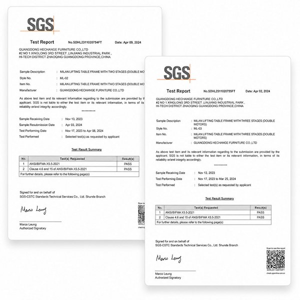 sgs test report examples for ml 02 two stage and ml 03 three stage lifting table frames